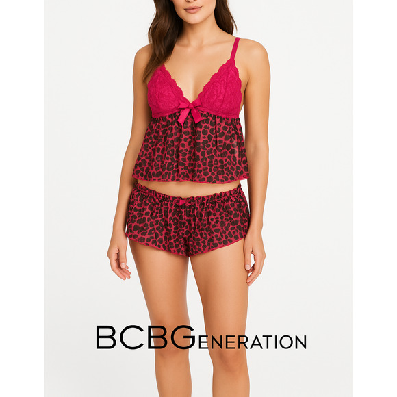 BCBGeneration Lace Baby Doll Top & Shorts Set Pink Red Rhododendron Leopard XL - Picture 1 of 7